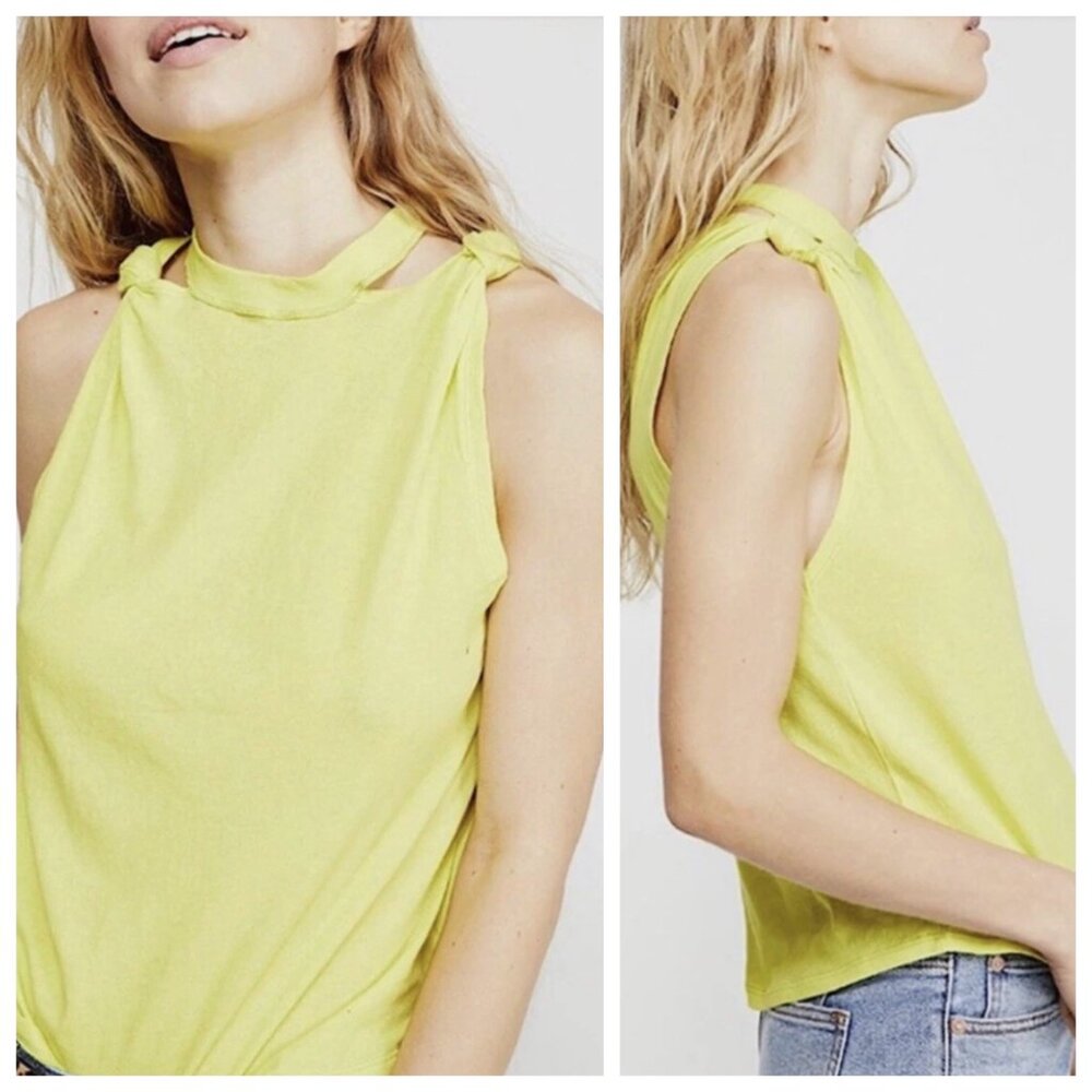 Free People Twist Shoulder Cut Out Yellow High Neck Sleeveless Tank Top